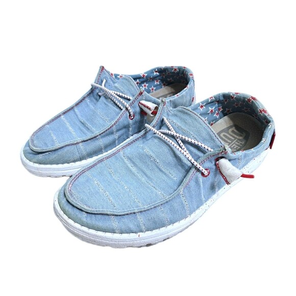 Hey Dude Women’s Size 9 Wendy Patriotic Denim Star Shoes USA Red White Blue 4th - Picture 1 of 10